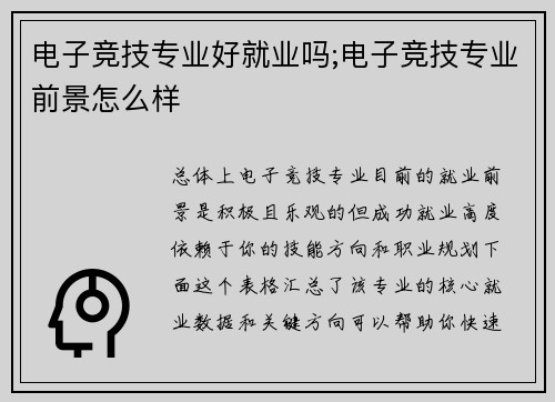 电子竞技专业好就业吗;电子竞技专业前景怎么样